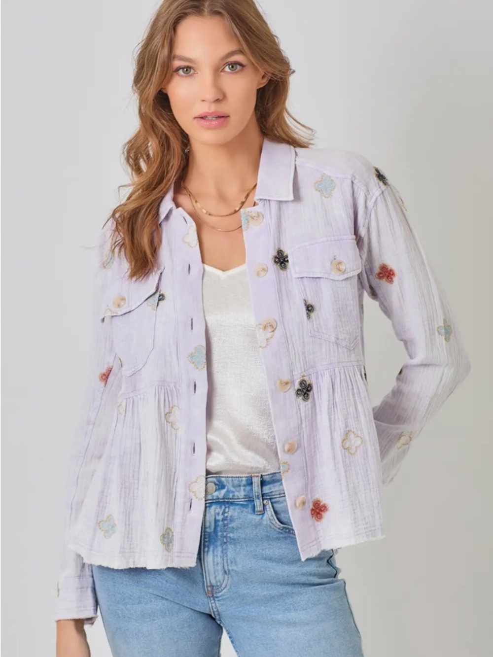 2004.  Embroidered button front cotton summer shacket in lavender